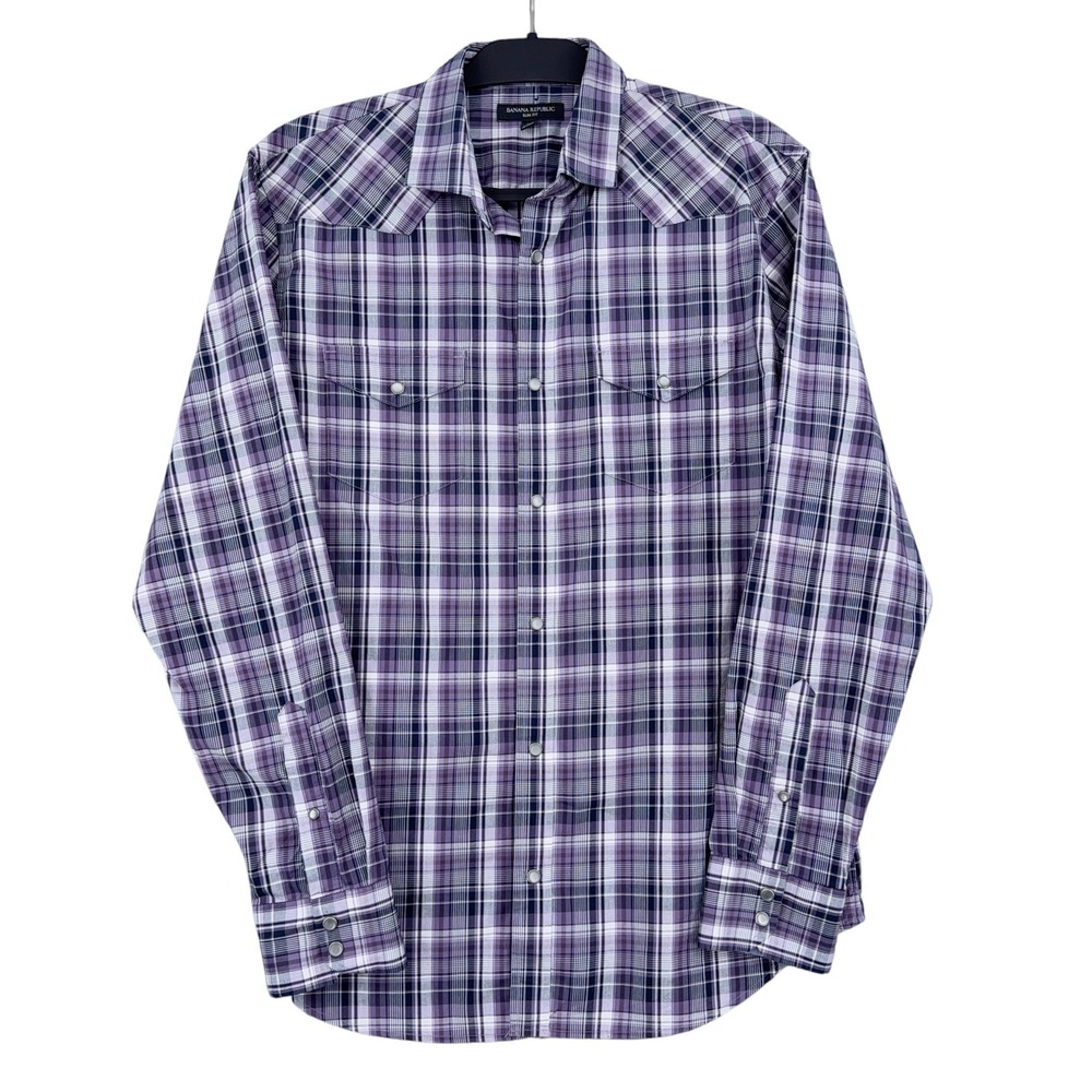Banana Republic Shirt Mens Large Slim Fit Western Pearl Snap Plaid Long Sleeve